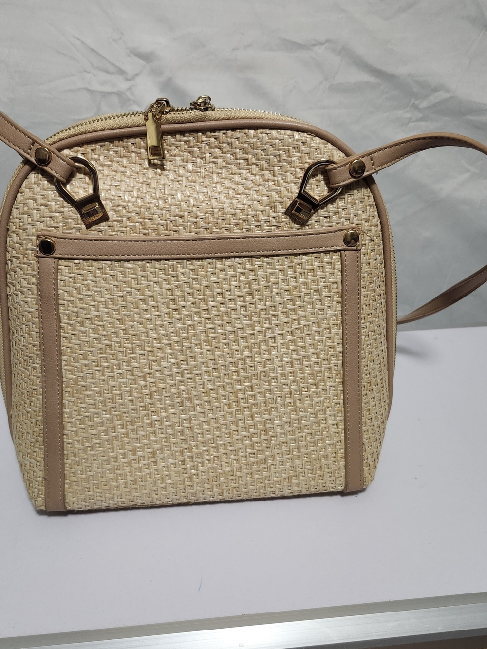 Miztique Woven Straw Crossbody Bag with Beige Trim